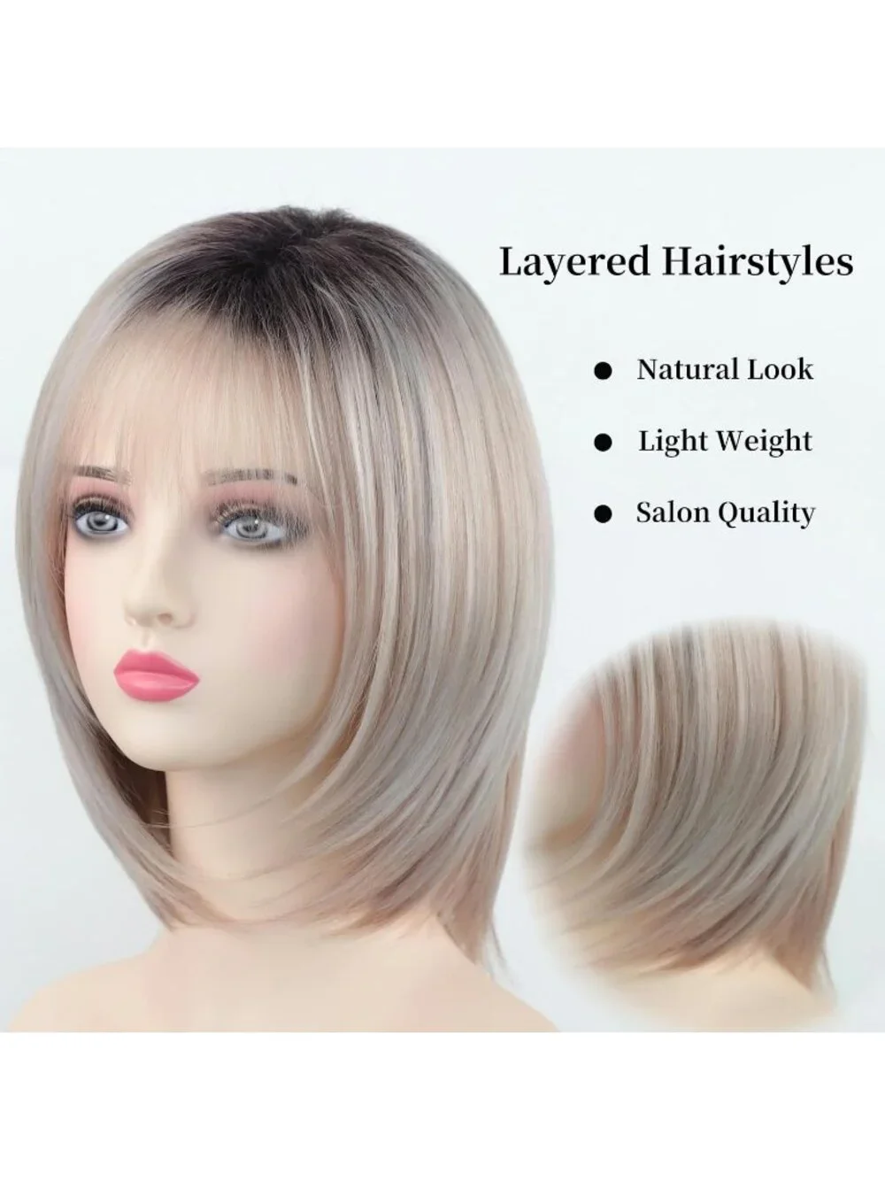 Women's Light Blonde 12 Inch Mid Length Heat Synthetic Straight Layered Bob Wigs